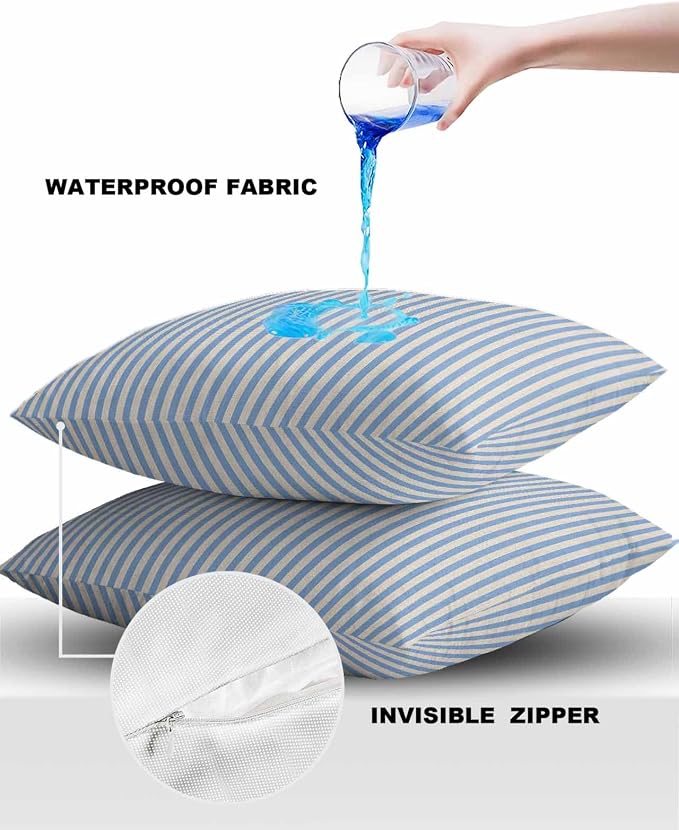 Outdoor Waterproof Throw Pillow Covers Set of 2 Blue Stripes Pillowcases 20x20 Inches Linen Classic Vertical Striped Patio Decorative Pillows Cushion Case Patio Pillows for Couch Bed Chair Garden