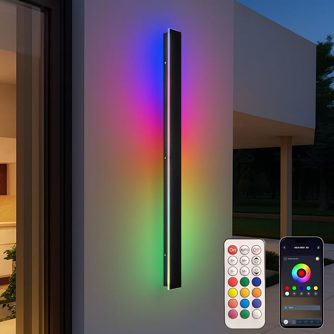Modern Outdoor RGB Wall Lights, 47 Inch RGB Warm White Dimmable Exterior Wall Sconce, Ip65 Waterproof Black Linear Long Wall Light with Remote and APP Control for House, Garage, Front Door, Porch