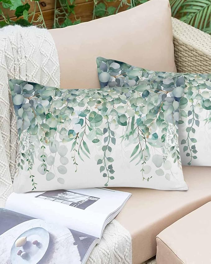 Eucalyptus Leaves Outdoor Pillow Covers Pack of 2, Watercolor Green Plants Waterproof Pillow Covers Seasonal Spring Summer Throw Pillowcase for Patio Funiture Garden Tent, 12 x 20 inch