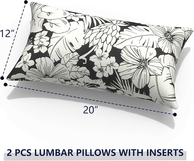 Outdoor Lumbar Pillows with Insert 12x20 Inch, Waterproof Throw Pillow for Patio Furniture, Decorative Lumbar Cushions for Garden Home Sofa Office Chair, Set of 2, Tropical Blossom Noir
