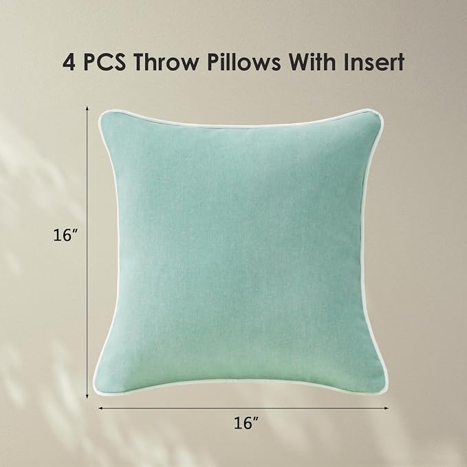 Unimatta Decorative Outdoor Water Repellent Throw Pillows with Inserts, Set of 4, 16" x16" Pillows for Patio, Backyard, Bed, Couch, and Patio Furniture, Aqua Green