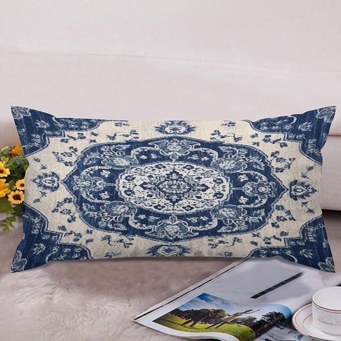 Set of 2 Classical Navy Blue Damask Pattern Pillow Covers 12x24in Farmhouse Canvas Cushion Covers Outdoor for Couch Chair Home Decor for Family Friends