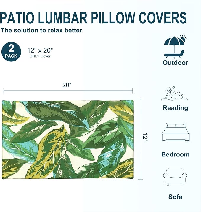 DYTXIII Pack of 2 Outdoor Waterproof Lumbar Pillow Covers ONLY, 12x20 Rectangle Decorative Double Printed Pillow Cases for Patio Couch Porch Furniture - Lush Leaf Jungle
