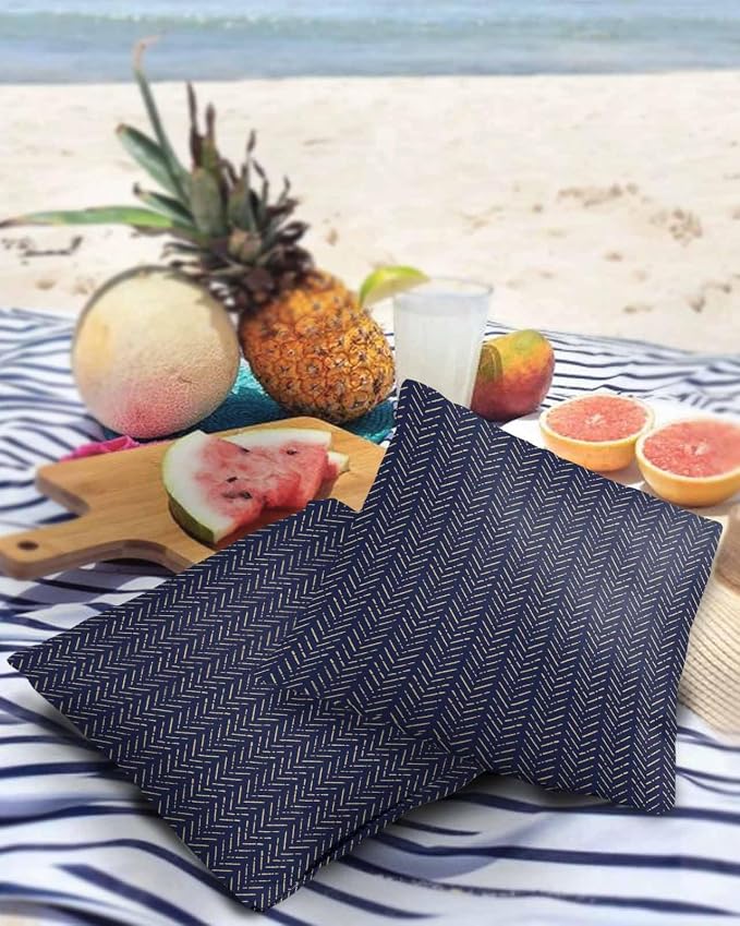 Navy Blue Gold Striped Outdoor Pillow Covers Waterproof,All Weather Cushion Case Set of 2 Decorative Pillowcases for Sofa Couch Bed Decor Patio Furniture 18"x18" Contemporary Minimalist Boho Geometric