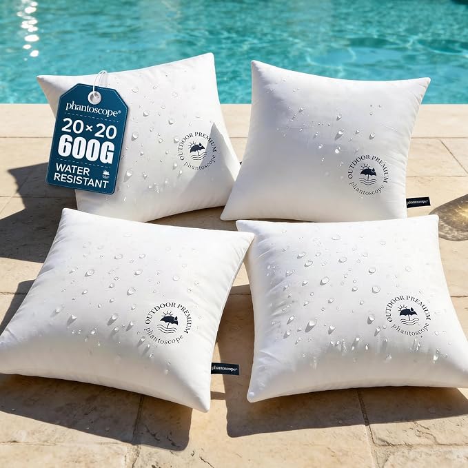 Phantoscope 20x20 Outdoor Pillow Inserts 4 Pack Outdoor Pillows Waterproof | Water Resistant Outdoor Pillows for Patio Porch Furniture Indoor Decorative Throw Pillows Fillers Couch Sham Cushion Stuffer