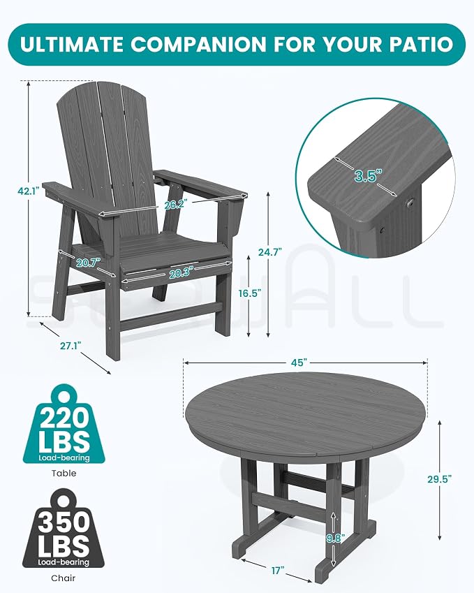 SERWALL 6-Piece Patio Dining Sets with Umbrella, HDPE Outdoor Table and Chairs Furniture Set, 45" Round Dining Table & 4 Adirondack Dining Chairs & 1 9FT Umbrella, Grey(Not Include Umbrella Base)