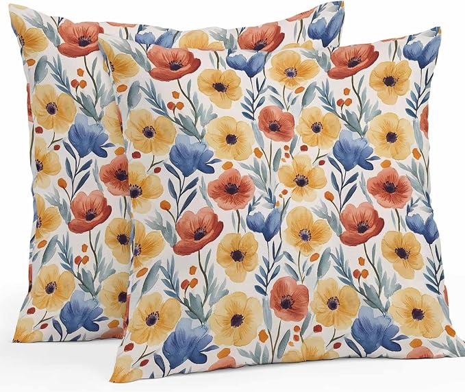 Spring Floral Outdoor Pillow Covers 18x18 Inch Throw Pillow Covers Set of 2 Waterproof Decorative Pillow Cases Red Yellow Blue Summer Botanical Cushion Covers for Patio Furniture Garden Couch Sofa