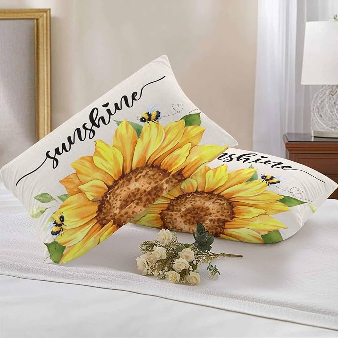 Vintage Yellow Sunflower Bee Outdoor Throw Pillow Covers Set of 2,Decorative Waterproof Pillowcase, Rustic Botanical on Linen Cushion Case for Patio Garden Couch Sofa Tent Bed 20x12 Inches