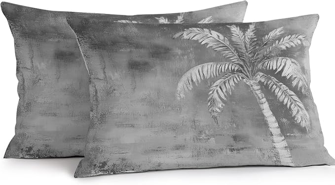 Coastal Beach Tree Grey Outdoor Waterproof Pillow Covers, Vintage Summer Palm Tropical Botanical Decorative Rectangle Throw Pillowcase Sofa Cushion Sham for Patio/Couch/Chair, 20"x12" 2 Pack