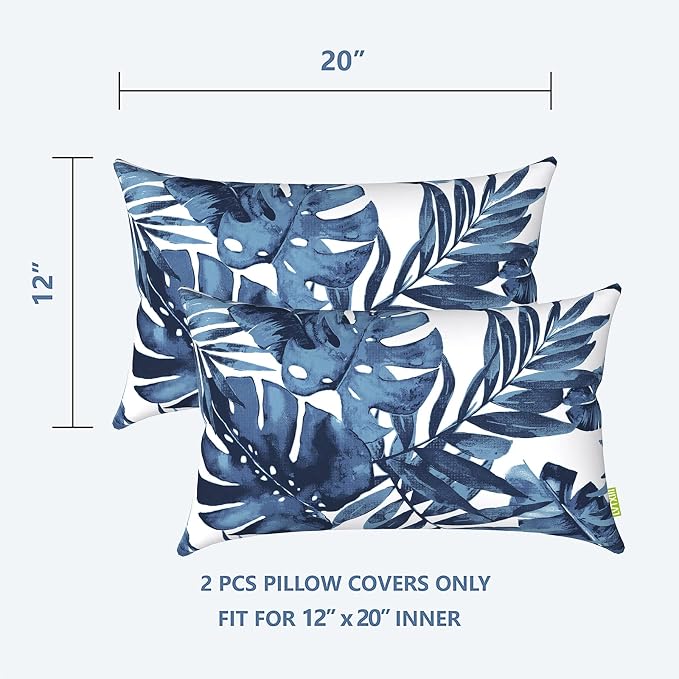 LVTXIII Outdoor/Indoor Lumbar Pillow Case Covers, 12” x 20” Patio Garden Decorative Lumbar Pillow Covers ONLY, Pack of 2 for Outdoor Home Patio Furniture Use - Palm Blue