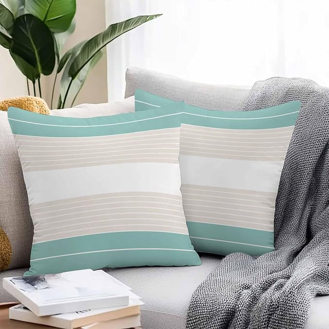 Turquoise Beige Stripe Outdoor Pillow Covers Waterproof, All Weather Cushion Case Set of 2, Modern Art Horizontal Striped Decorative Pillowcases for Sofa Couch Bed Decor Patio Furniture 16"x16"