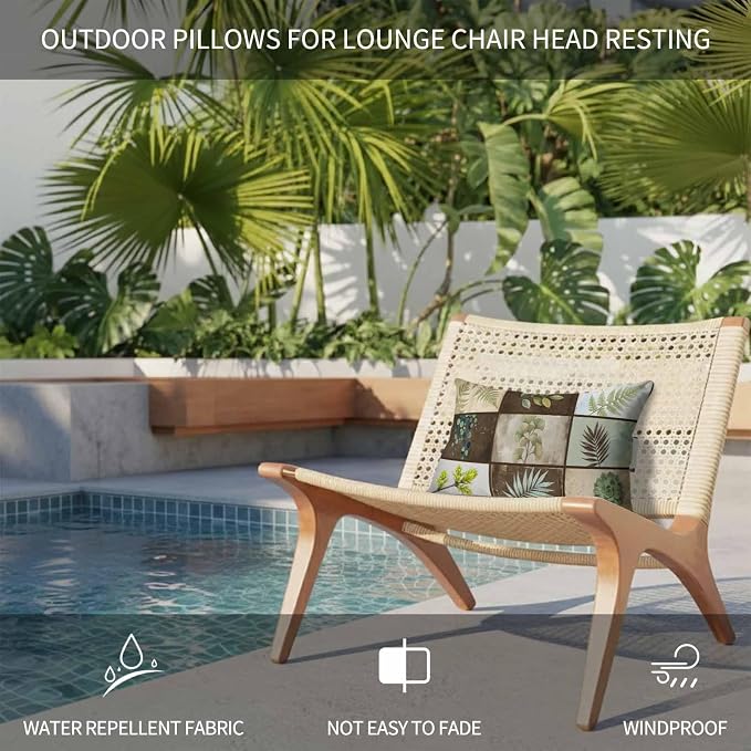 Outdoor Chair Pillow Headrest for Patio Pool Chaise Lounge, Vintage Leaves Recliner Head Pillow, Green Palm Plants Ginkgo Rustic Botanical Waterproof Pillowcases Neck Lumbar Pillows & Insert 12x20x1