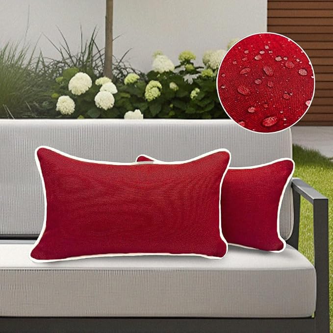 HER HWA Outdoor Lumbar Pillow Covers White Piping 20"x12" Set of 2, Red | durable fade-resistant water-resistant 100% polyester white piping smooth zipper machine washable for indoor outdoor décor