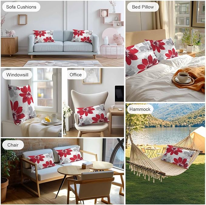 Vandarllin Outdoor Throw Pillows Covers 20x12 inch Set of 2 Waterproof Red Sunflower Decorative Zippered Cushion Covers for Patio Furniture, Flower Field Lumbar Pillowcases