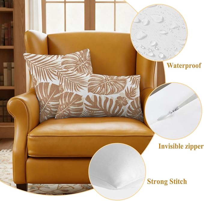 Brown Palm Leaves Outdoor Pillow Covers 24"x24" Set of 2, Tropical Botanical Minimalist Modern Waterproof Throw Pillow Covers for Patio Furniture, Decorative Cushion Covers for Porch