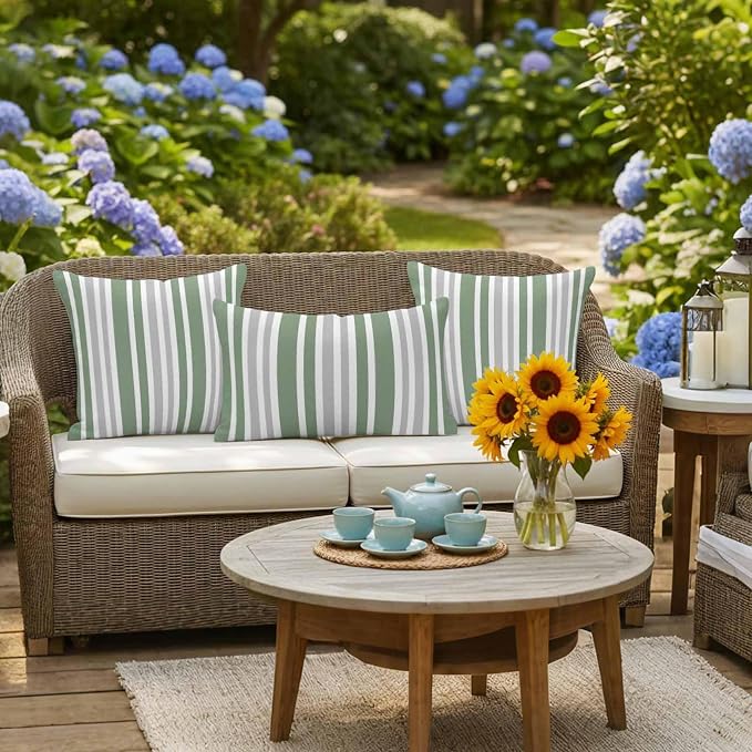 Sage Green Grey Stripe Outdoor Pillow Covers 24x24 Inch Throw Pillow Covers Set of 2 Waterproof Decorative Pillow Cases Farmhouse Minimalist Striped Cushion Covers for Patio Furniture Garden Couch