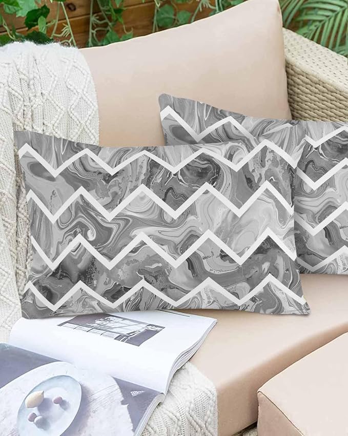 Outdoor Waterproof Throw Pillows Marble Gray Zigzag Ripple Chevron Patio Pillows Pack of 2,Decorative Pillow Covers with Insert,Pillow Cushion Case for Garden Couch Modern Geometric Abstract Pattern