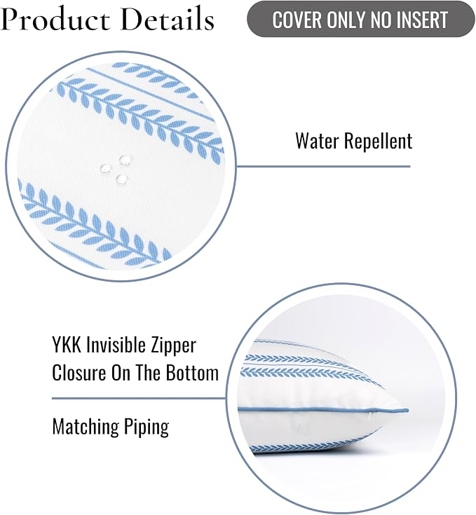 Hofdeco Premium Coastal Hampton Patio Indoor Outdoor Throw Pillow Cover Only, 22"x22" Water Repellent for Backyard, Couch, Poolside, Azure Blue Print Leaf Striped