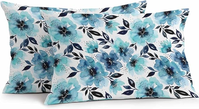 Botanical Floral Leaves Outdoor Waterproof Pillow Covers Pack of 2, Watercolor Painting Blue Gradient Blooms Throw Pillowcases Decorative Cushion Covers for Garden Patio Tent Sofa Couch, 20x12 inch