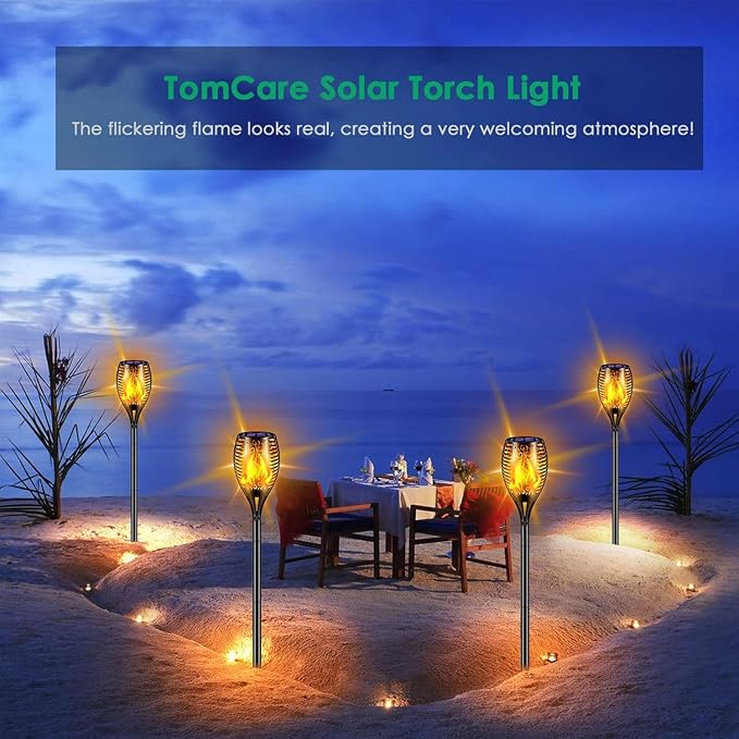 TomCare Flickering Flame Solar Torch Lights Outdoor, 43" Tall, 6 Pack | Realistic 99-LED Flame Effect, Charges in 6-8 Hours, 10-12-Hour Runtime, IP65 Waterproof, Auto On/Off for Yard, Patio, Garden