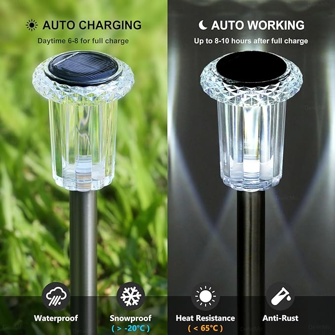 DenicMic Solar Lights Outdoor Waterproof 10 Pack Pathway Lights Cool White | Stake Lights for Yard Garden Driveway Walkway Outside Landscape Path Lights, Auto On/Off 6000K LED, Stainless Steel Pole