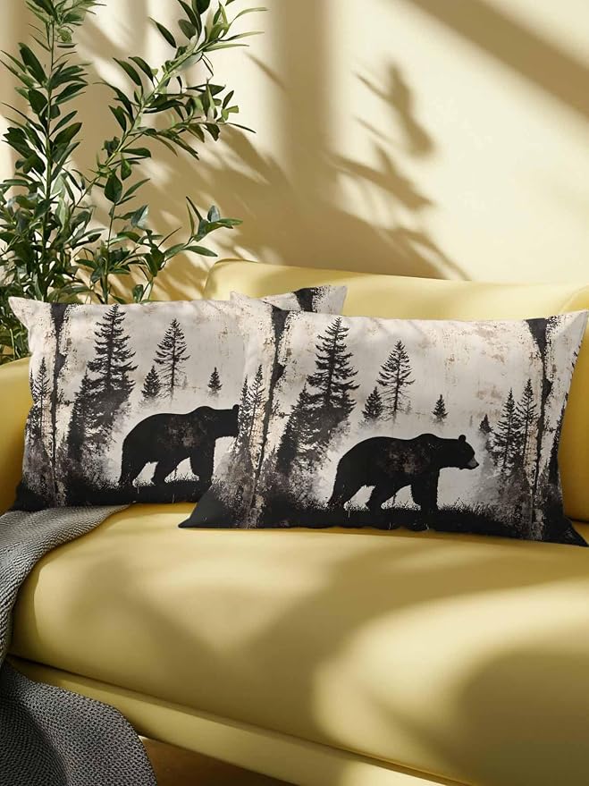 Outdoor Waterproof Throw Pillows Forest Brown Bear Silhouette Patio Pillows,Decorative Pillow Covers with Insert,Pillow Cushion Case for Garden Couch Sofa Minimalist Modern Art