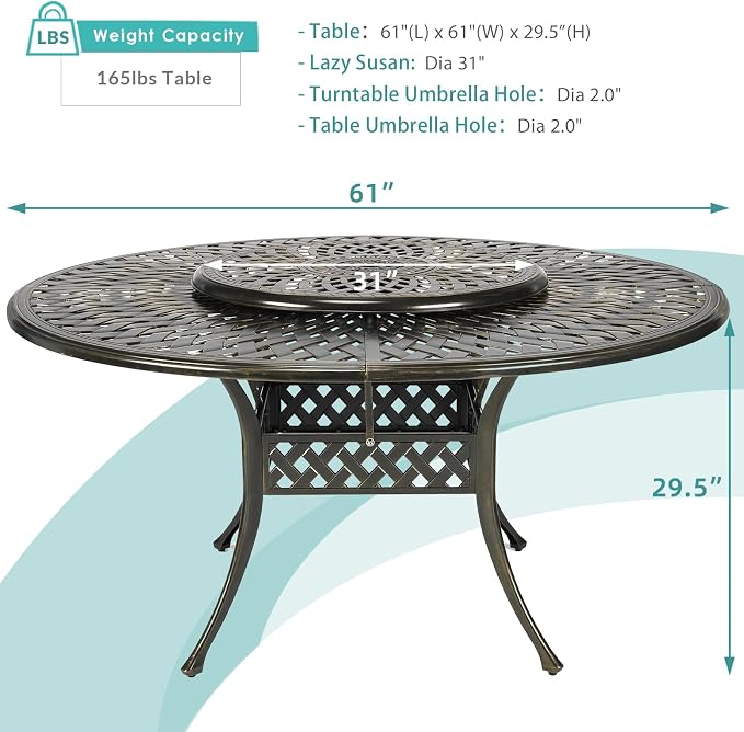 MEETWARM Outdoor 61" Round Patio Dining Table with Detachable Lazy Susan, All Weather Cast Aluminum Large Patio Furniture Table Set for 8 Seat with 31" Rotating Tray, Umbrella Hole, Dark Bronze