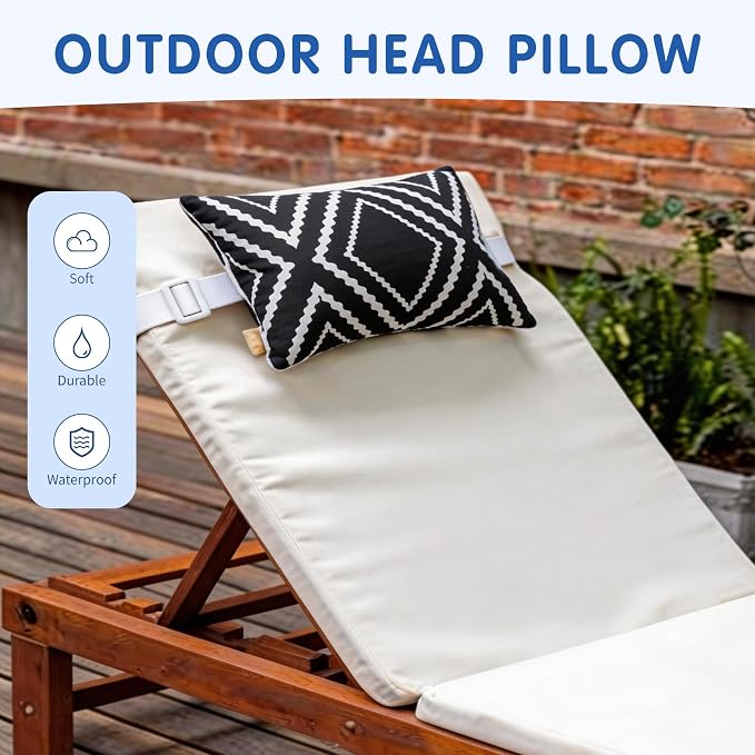 cygnus 2pcs Chaise Lounge Pillow with Strap Outdoor Waterproof Pool Chair Neck Headrest Pillows with Adjustable Elastic Band for Beach Patio Chair Recliner 16 x 11 Inches, Black and White