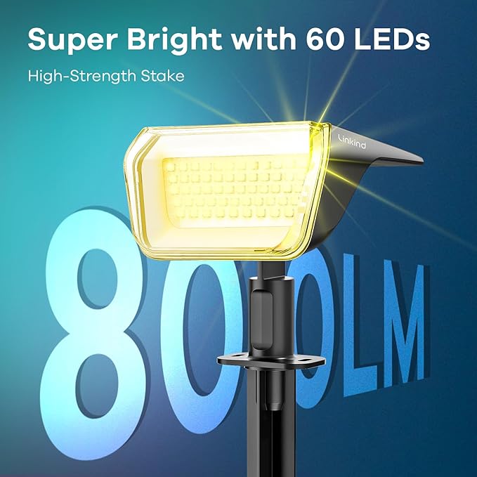 Linkind Solar Spot Lights Outdoor Waterproof Floodlight Warm White 4 Pack | Wide Beam, 60 LEDs, 800LM, 2 Lighting Modes, 3000K, Dusk to Dawn, for Landscape Garden Yard Patio Tree Flag Pathway Driveway