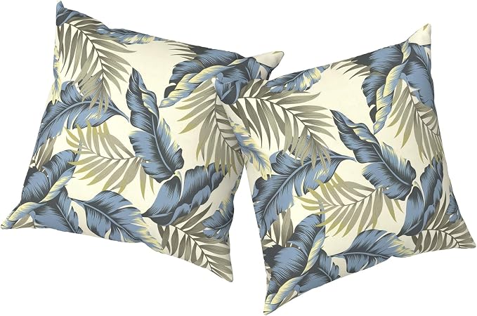 Outdoor Pillows with Insert 16x16 Inch, Waterproof Throw Pillow for Patio Furniture, Decorative Back Cushion for Garden Home Sofa Office Chair, Set of 2, Lush Palm Blue