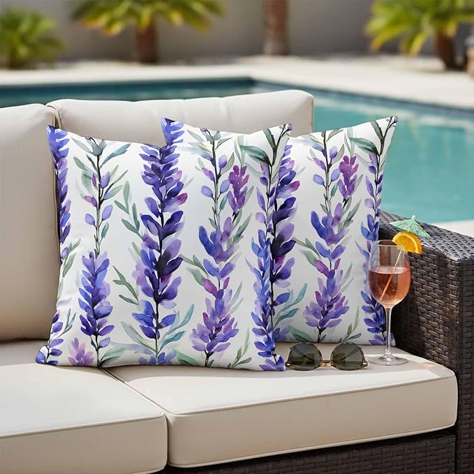 Outdoor Waterproof Pillow Covers 16x16Inch Spring Purple Lavender Throw Pillowcases for Patio Garden Couch Sofa Watercolor Floral Art Decorative Cushin Case,Pack of 2