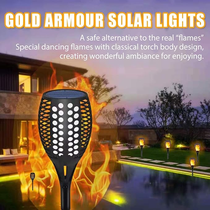 Gold Armour Solar Lights Outdoor - Flickering Flames Torch Lights Solar Light 42.9in Tall, Waterproof Dancing Flame Lighting 96 LED Dusk to Dawn Flickering Tiki Torches Outdoor Garden (4Pack)