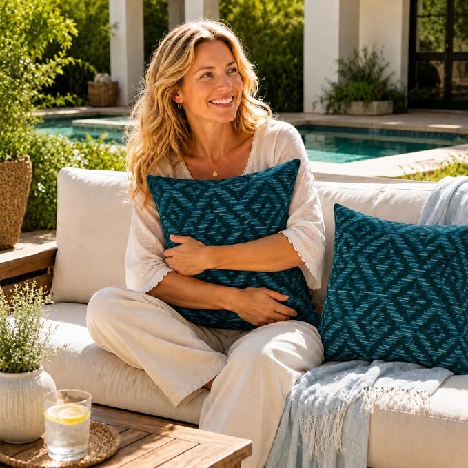 Outdoor Pillow Covers Waterproof Throw Pillow Covers, Set of 2 Jacquard Texture Water Resistant Fade Resistant Decorative Cushion Covers for Garden Patio Bench Couch Sofa, 18x18 Inch (Tribal Vibe)