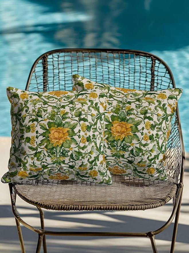 Outdoor Pillows with Inserts Set of 2 18x18, Yellow Green Boho Waterproof Outdoor/Indoor Throw Pillows, Classic Floral Farmhouse Botanical Decorative Pillow for Bed Couch Sofa Patio Furniture