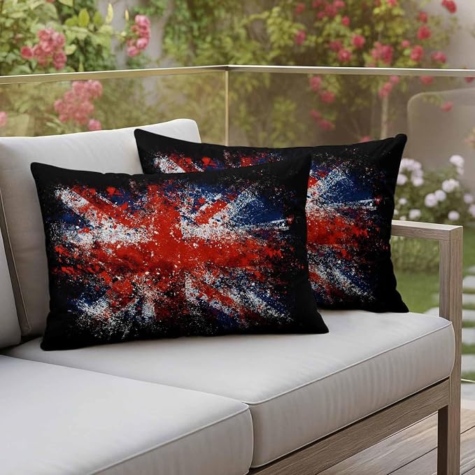 4th of July Outdoor Throw Pillows Covers 20x12 inch Set of 2 Waterproof British Flag Decorative Zippered Cushion Covers for Patio Furniture, Retro National Flag Independence Day Lumbar Pillowcases