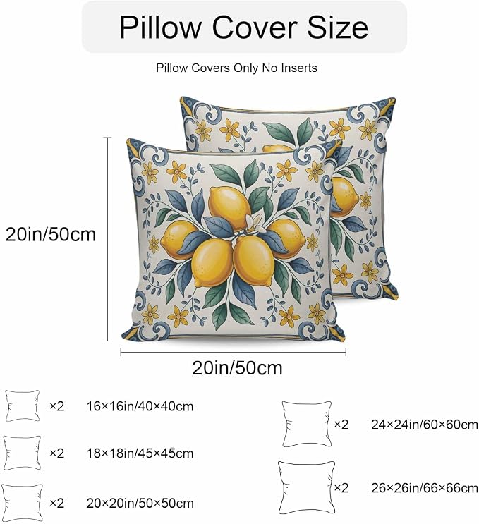 Throw Pillow Covers 18x18 Inch Set of 2, Yellow Blue Lemon Waterproof Outdoor Cushion Covers, Summer Botanical Watercolor Decorative Pillowcases for Couch, Sofa, Bed, Garden, Patio