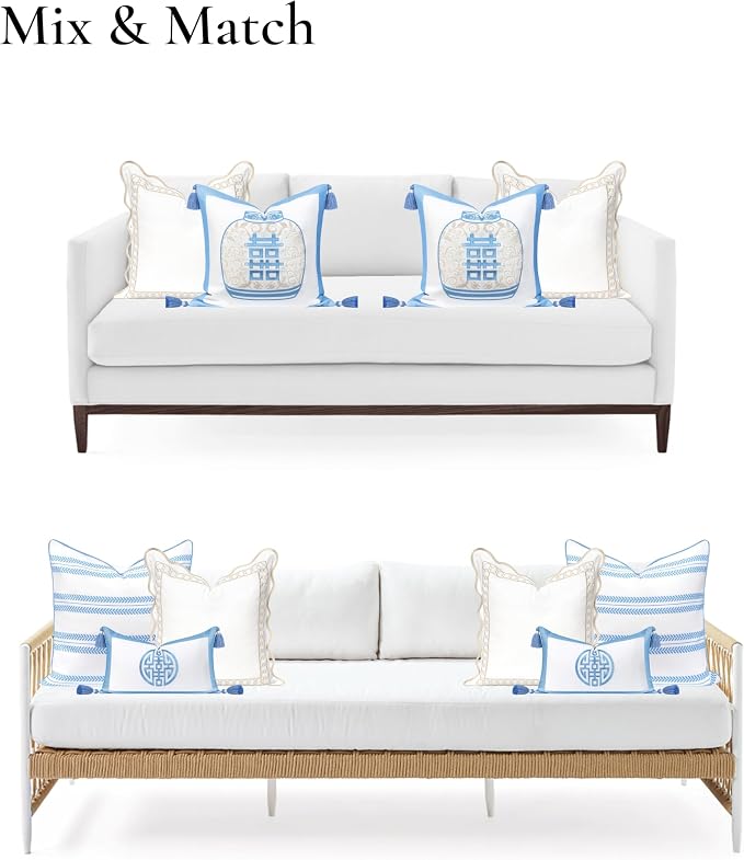 Hofdeco Premium Coastal Hampton Scalloped Patio Indoor Outdoor Throw Pillow Cover Only, 20"x20" Water Repellent for Backyard, Couch, Poolside, Neutral Tan Embroidered Begonia Pattern Chain Frame