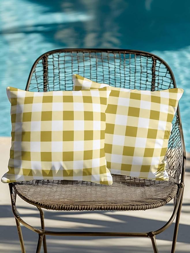 Waterproof Outdoor Pillow Set of 2 Buffalo Plaid Decorative Throw Pillows Cover & Insert 16x16 Inch Pillowcase Yellow Check Lines Square Pillows for Couch Sofa Bed Patio Furniture Indoor Outdoor