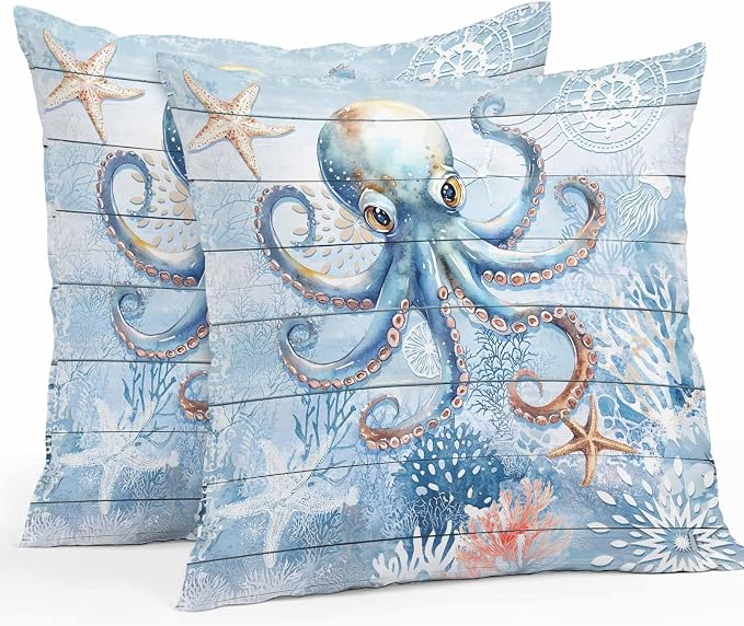 Coastal Octopus Waterproof Outdoor Pillow Covers Set of 2 Home Decor, Nautical Sea Starfish Coral Wooden Grain Pillowcase Patio Pillow Covers for Couch Bench Furniture Garden 18x18in