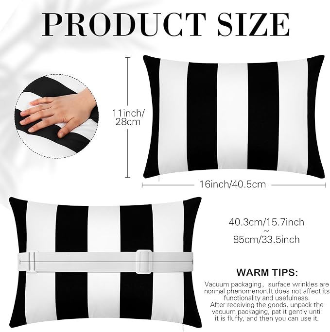 Lineshading 4 Pcs Chaise Lounge Pillow with Strap Outdoor Waterproof Pool Chair Neck Headrest Pillows with Adjustable Elastic Band for Beach Patio Chair Recliner(White and Black,Stripe)