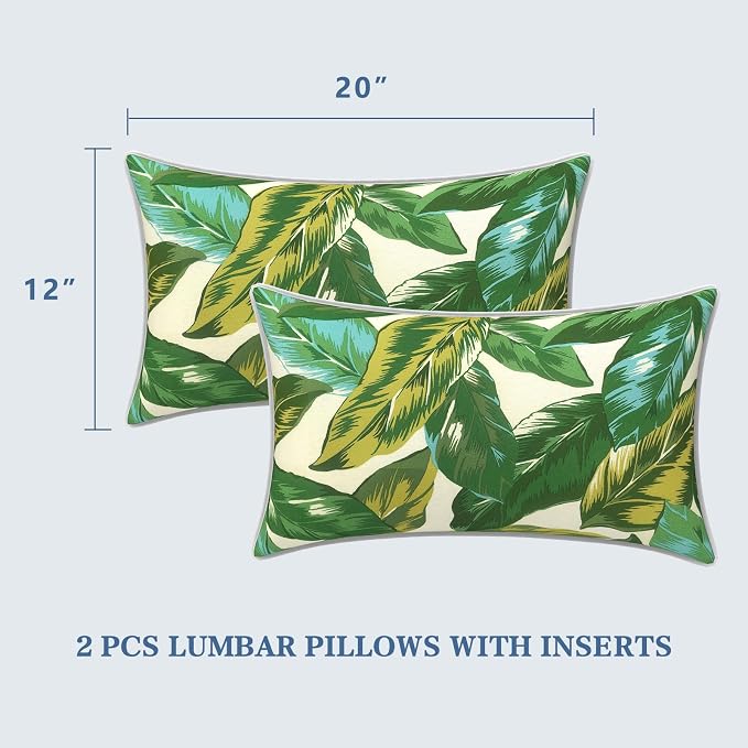 LVTXIII 2 Pack Outdoor Lumbar Pillows 12x20 Inch with White Piping, Fade Resistant Support Throw Pillows with Inserts for Patio Furniture, Sofa, Chair, Lush Leaf Jungle