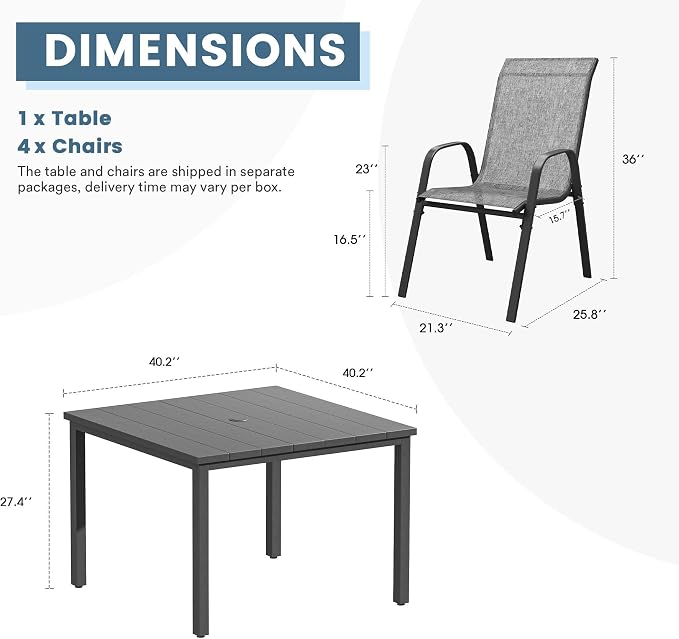 DIFY 5 Piece Outdoor Dining Set, 40" Square Metal Patio Table and Textilene Stackable Chairs for 4, All Weather Patio Furniture Set with Umbrella Hole for Backyard Garden Deck, Grey