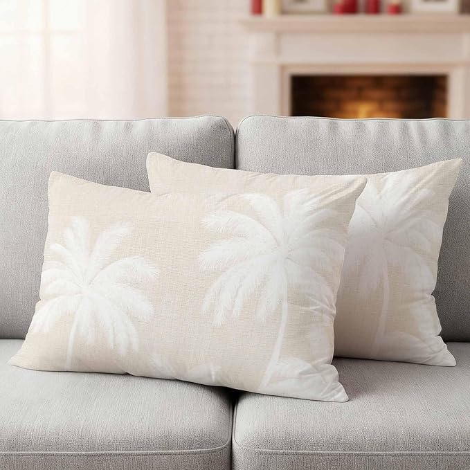 Lumbar Pillow Covers 20x12 Inch Set of 2, Cream Palm Trees Waterproof Outdoor Pillow Covers, Farmhouse Tropical Summer Beach Decorative Cushion Pillowcases for Couch, Sofa, Bed, Garden, Patio