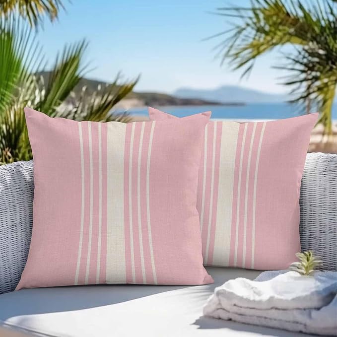 Throw Pillow Covers 16x16 Inch Set of 2, Pink Beige Striped Waterproof Outdoor Cushion Covers, Modern Farmhouse Retro Lines Decorative Pillowcases for Couch, Sofa, Bed, Garden, Patio