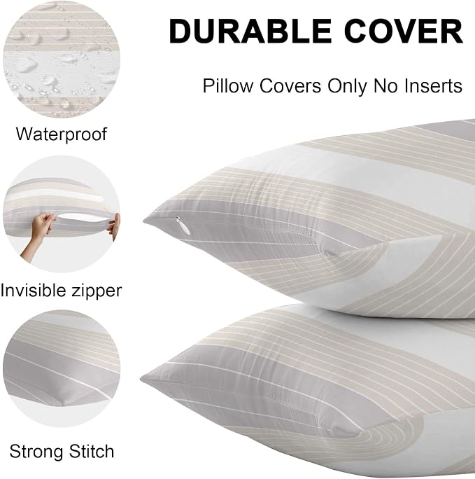 Gray Beige Stripe Outdoor Pillow Covers Waterproof, All Weather Cushion Case Set of 2, Modern Art Horizontal Striped Decorative Pillowcases for Sofa Couch Bed Decor Patio Furniture 16"x16"