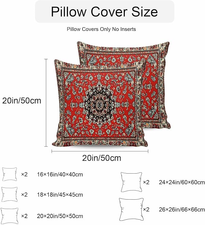 Vandarllin Outdoor Throw Pillows Covers 26x26 inch Set of 2 Waterproof Red Bohemian Decorative Zippered Cushion Covers for Patio Furniture, Boho Tribe Texture Lumbar Pillowcases