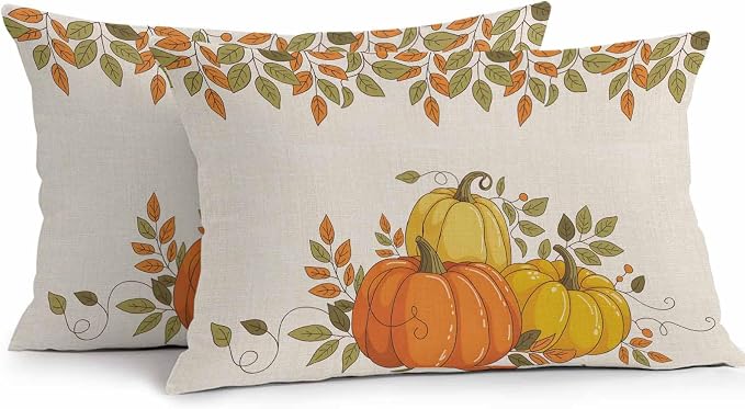 Orange Pumpkins Outdoor Waterproof Pillow Covers, Fall Yellow Leaves Vintage Beige Rustic Decorative Rectangle Throw Pillowcase Sofa Cushion Sham for Patio/Couch/Chair, 20"x12" 2 Pack