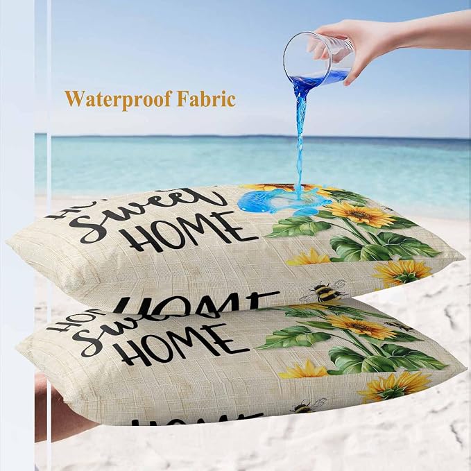 Lumbar Pillow Covers 20x12 Inch Set of 2, Spring Sunflowers Waterproof Outdoor Pillow Covers, Bee Beige Farm Country Rustic Decorative Cushion Pillowcases for Couch, Sofa, Bed, Garden, Patio