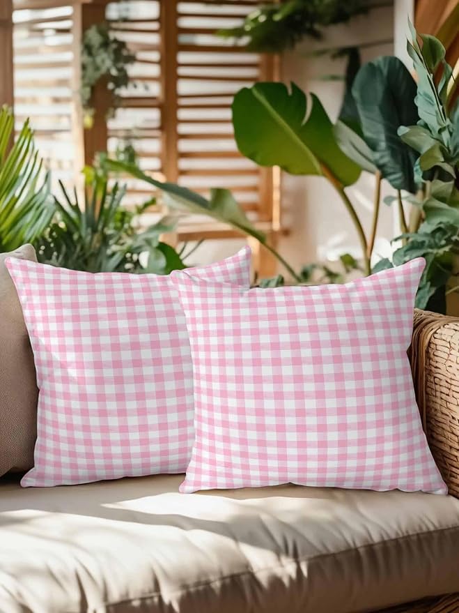 Outdoor Waterproof Throw Pillows Pink Geometric Plaid Patio Pillows Pack of 2,Decorative Pillow Covers with Insert,Pillow Cushion Case for Garden Couch Sofa Rustic Minimalist Checkered