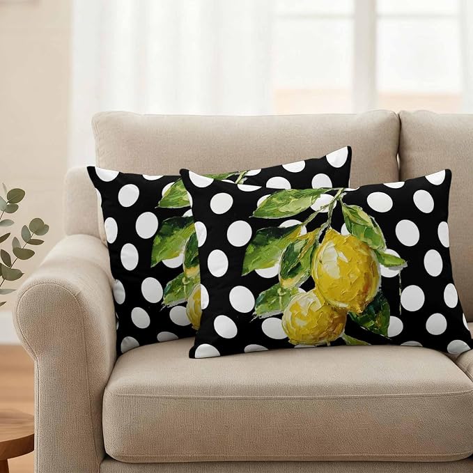 Waterproof Pillow Covers Set of 2,Farmhouse Yellow Lemon Green Leaf Outdoor Pillow Protectors with Zipper Pillowcases for Patio Tent Garden Beach 20x12 Inches Black White Polka Dot